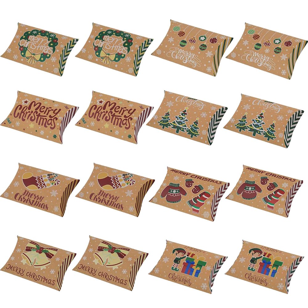 16 Pieces Christmas Gift Pillow Boxes, Candy Treat Goodie Small Kraft Paper Box for Wedding New year Birthday Bachelorette Baby Shower Party Favors Supplies