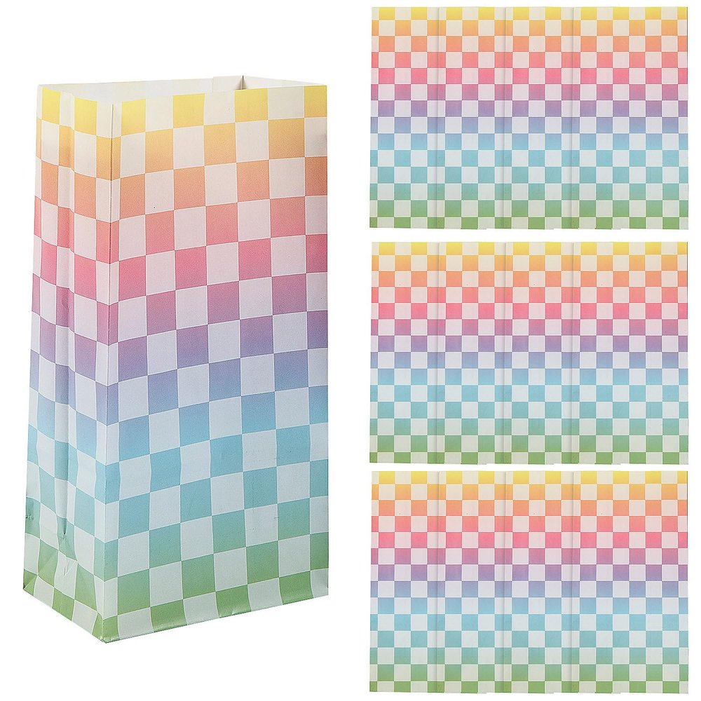 10" Pastel Checkered Rainbow Paper Treat Bags - 12 Pieces