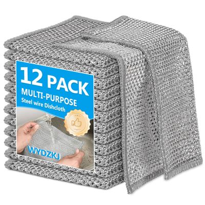 WYDZKJ 12Pack Multipurpose Wire Dishwashing Rags, Upgrade Non Scratch Wire Dishcloth, Silver Mesh Dish Cloths, Reusable Metal Mesh Cleaning Cloths, Steel Scrub Rags for Kitchen/Stove/Oven/Bath