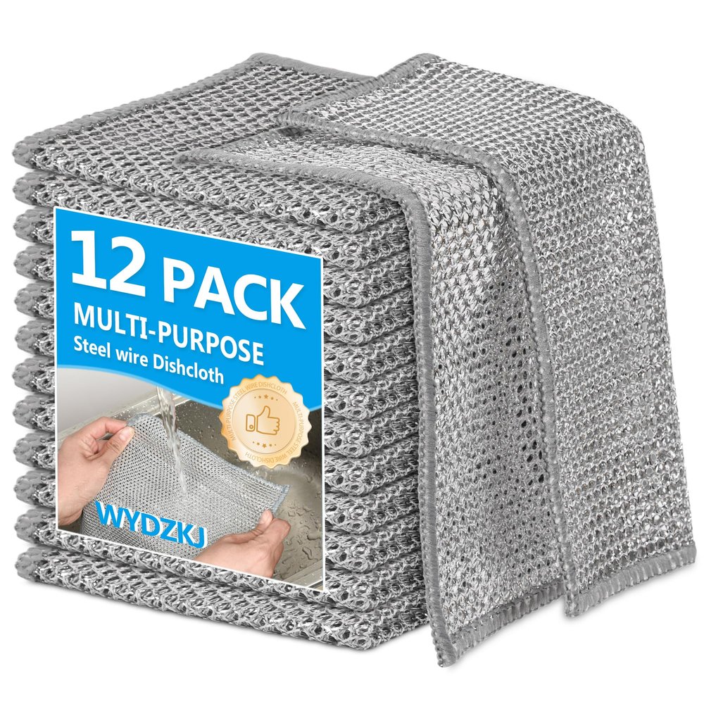 WYDZKJ 12Pack Multipurpose Wire Dishwashing Rags, Upgrade Non Scratch Wire Dishcloth, Silver Mesh Dish Cloths, Reusable Metal Mesh Cleaning Cloths, Steel Scrub Rags for Kitchen/Stove/Oven/Bath