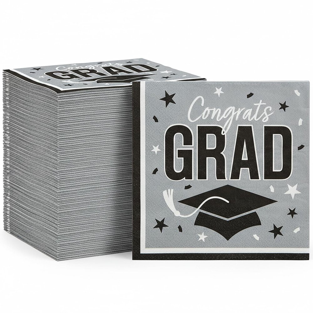 6 1/2" Bulk 50 Count Silver Congrats Grad Paper Luncheon Napkins