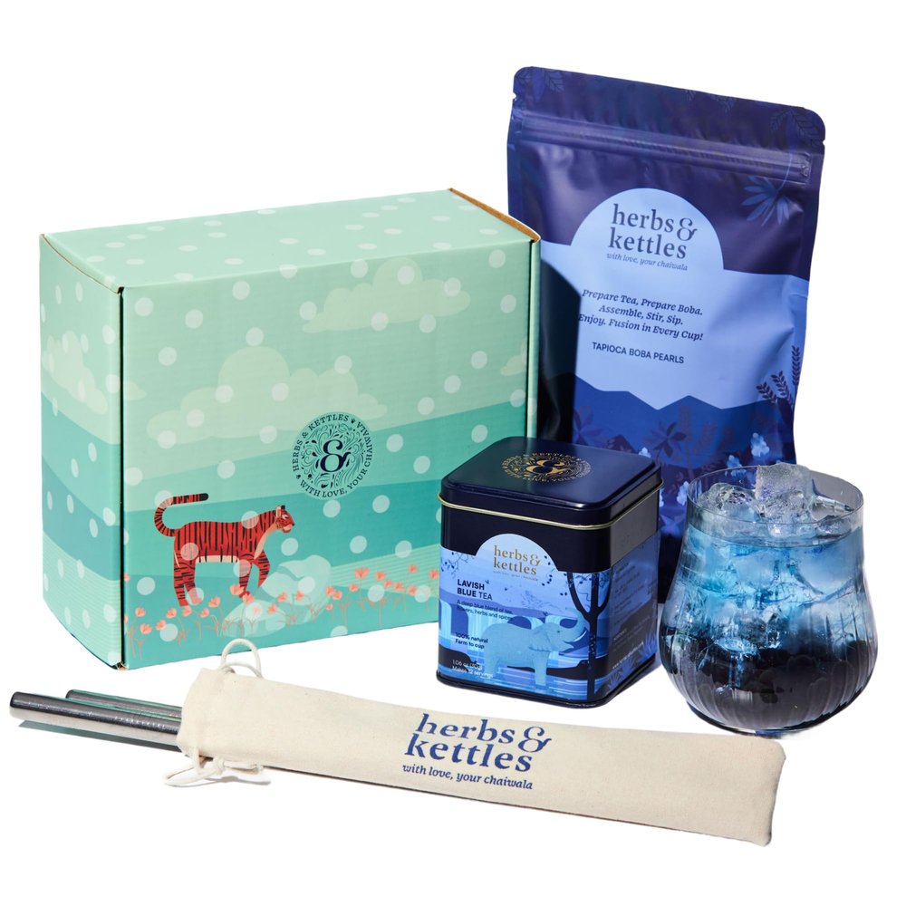 Herbs & Kettles Lavish Blue Tea Boba Kit | Butterfly Pea Flower Tea with Green Tea, Lemongrass, Ginger & Mint + Chewy Tapioca Pearls | DIY Color-Changing Bubble Tea Kit with Reusable Straws |