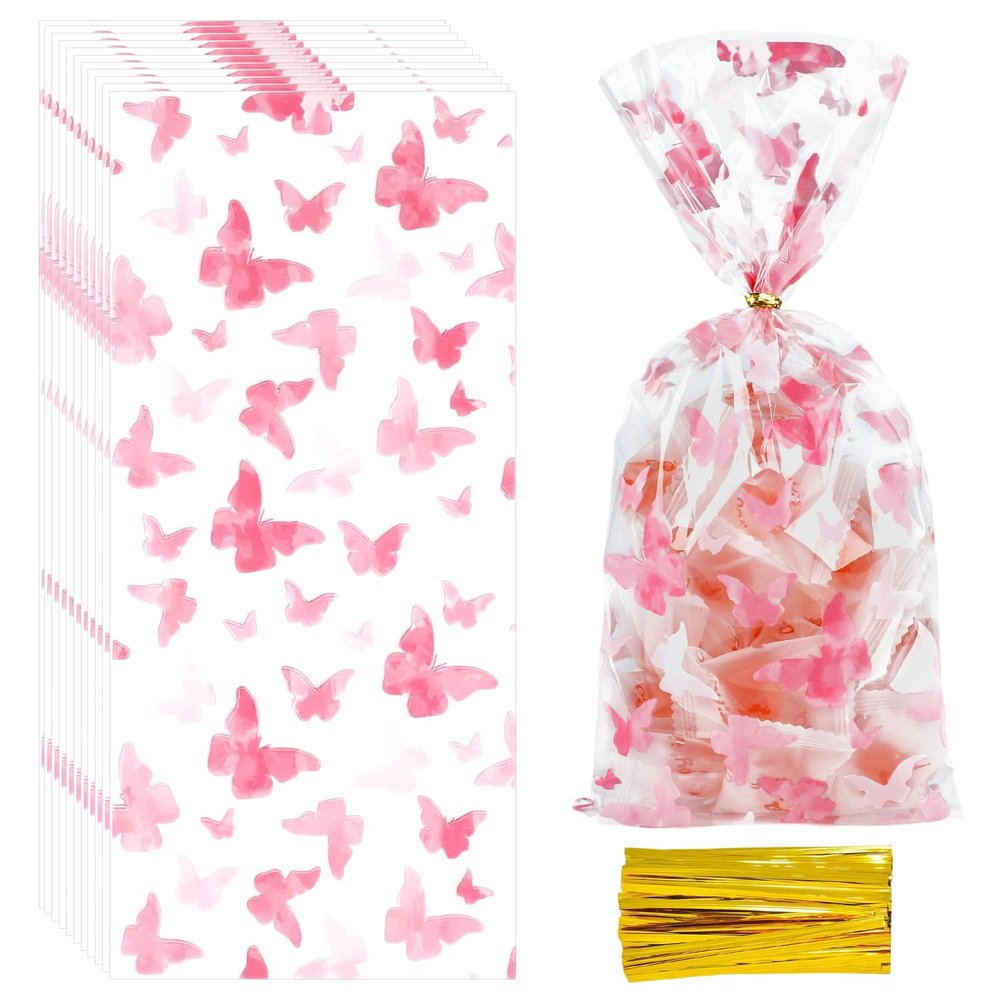 110 Pack Butterflies Cellophane Goody Bags, Plastic Candy Cookie Treat Bags with 110 Twist Ties for Butterfly Theme Baby Shower Birthday Wedding Thanksgiving Christmas Party Dessert Decor, Pink
