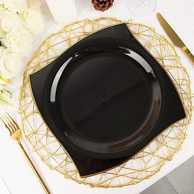 100PCS White Square Plastic Plates - 50PCS Heavy Duty 9.5inch Dinner and 50PCS 6inch Dessert - Durable Fancy Disposable Plates (Black and Gold)