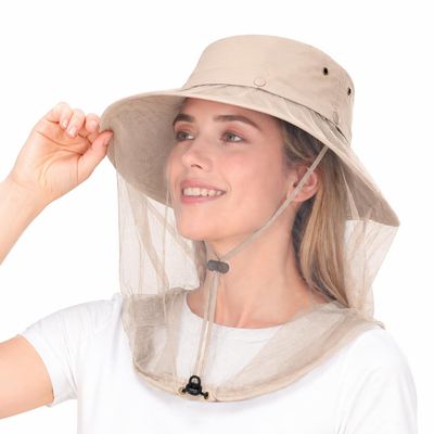 Mosquito Sun Hat with Net, Concealable Mesh, Drawstring Adjustable Skirt and Wind Cord, for Fishing Beekeeping Gardening (Khaqi) Beige