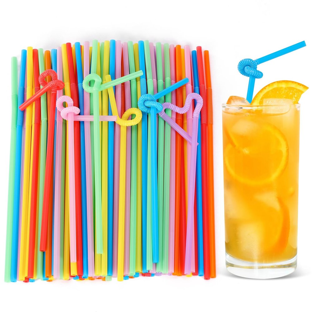 [100 Pcs] Bendy Colorful Disposable Plastic Straws - 10.25" Long 0.23" Diameter Flexible Drinking Straws