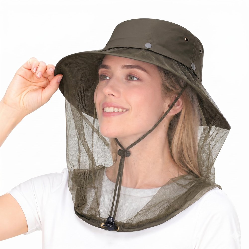 Mosquito Sun Hat with Net, Concealable Mesh, Drawstring Adjustable Skirt and Wind Cord, for Fishing Beekeeping Gardening (Dark Green)