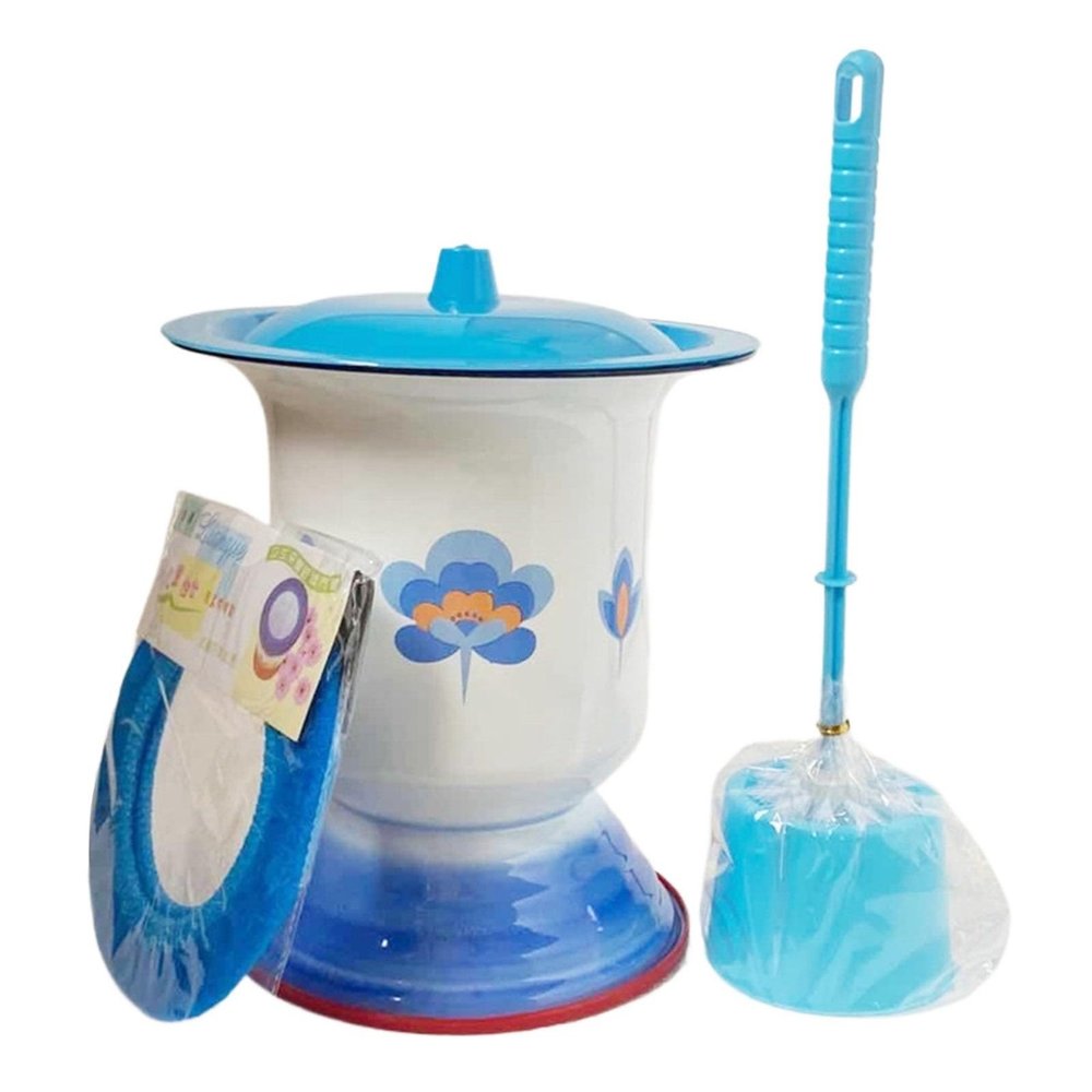Enamel Spittoon Chamber Pots for Women and Men with Lid Urinal Bucket Toilet Bed Pans Handheld Portable Household Potty(Blue C,Large) (Large,Blue C)