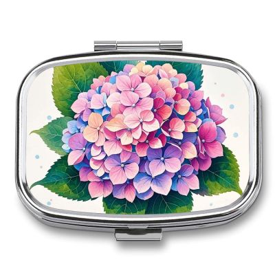 Watercolor Hydrangea Square Pill Box Travel Portable Pill Case 2 Compartment Medicine Metal Tablet Vitamin Holder Organizer for Purse Pocket