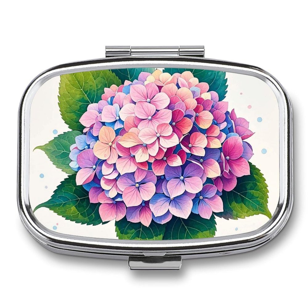 Watercolor Hydrangea Square Pill Box Travel Portable Pill Case 2 Compartment Medicine Metal Tablet Vitamin Holder Organizer for Purse Pocket