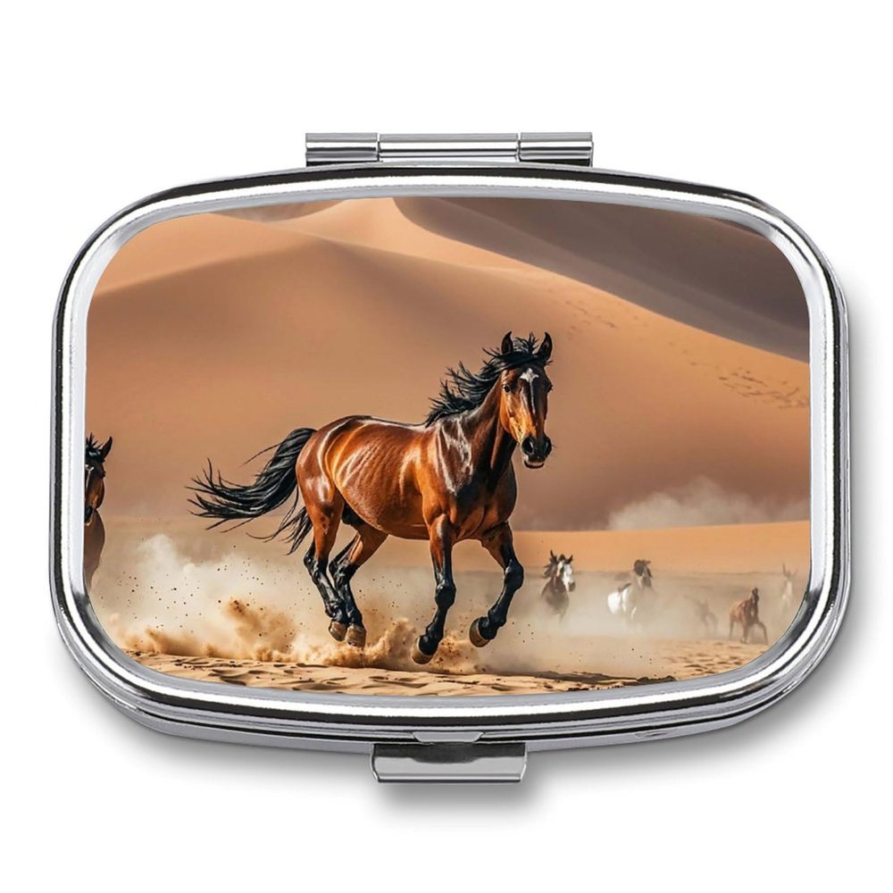 Horses Running in Desert Storm Square Pill Box Travel Portable Pill Case 2 Compartment Medicine Metal Tablet Vitamin Holder Organizer for Purse Pocket