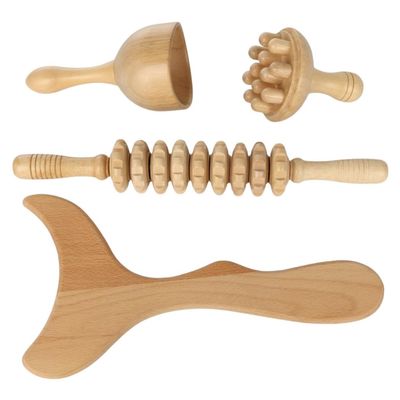 4-Piece Wooden Massage Therapy Set for Full-Body Relaxation, Includes Contouring Board, Cup, Roller Stick & Mushroom Massager