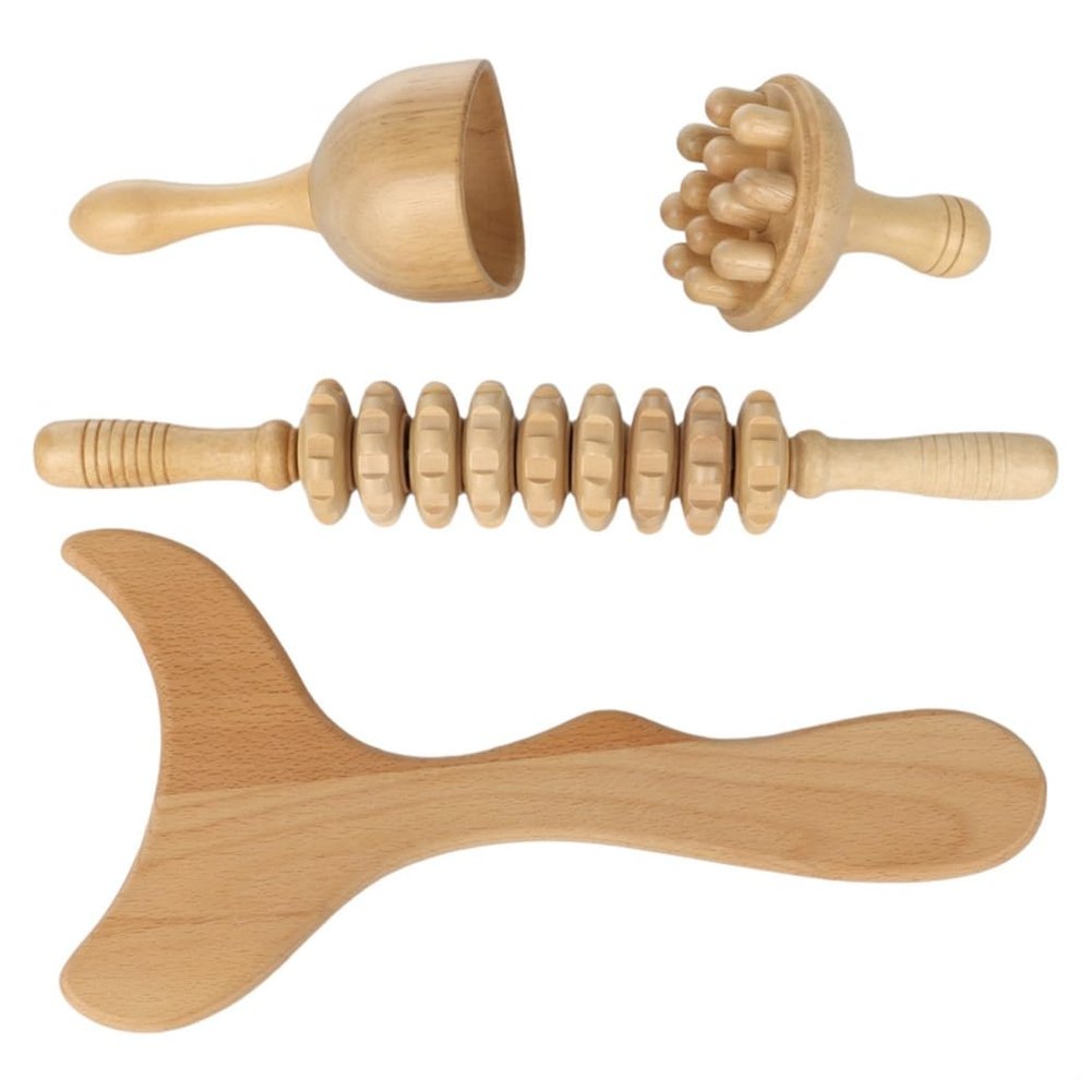 4-Piece Wooden Massage Therapy Set for Full-Body Relaxation, Includes Contouring Board, Cup, Roller Stick & Mushroom Massager