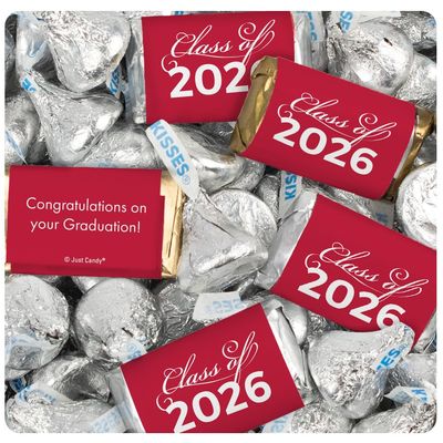124 Pcs Red Graduation Class of 2026 Candy - Red Wrapped Miniatures and Silver Kisses For Party Favors, Goodie Bags, Dessert Tables And More (1.52 lbs)