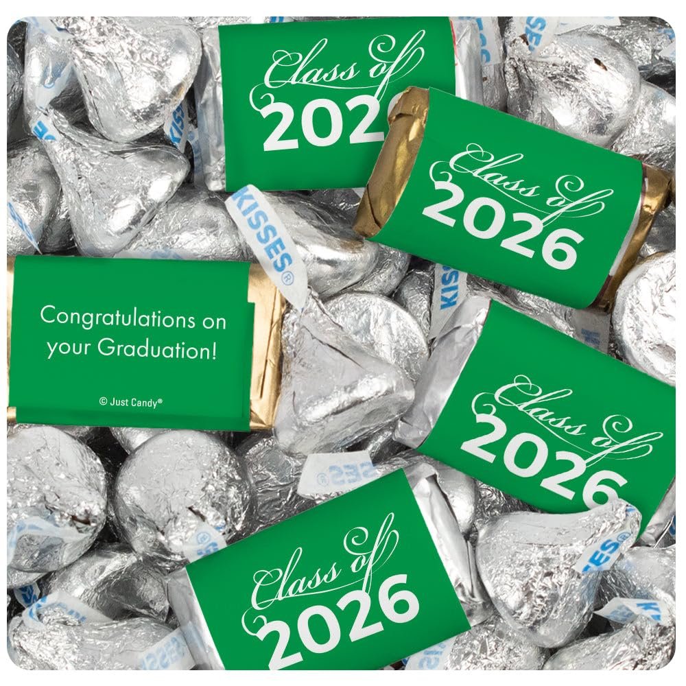 124 Pcs Green Graduation Class of 2026 Candy - Green Wrapped Miniatures and Silver Kisses For Party Favors, Goodie Bags, Dessert Tables And More (1.52 lbs)