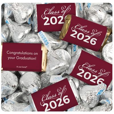 124 Pcs Maroon Graduation Class of 2026 Candy - Maroon Wrapped Miniatures and Silver Kisses For Party Favors, Goodie Bags, Dessert Tables And More (1.52 lbs)