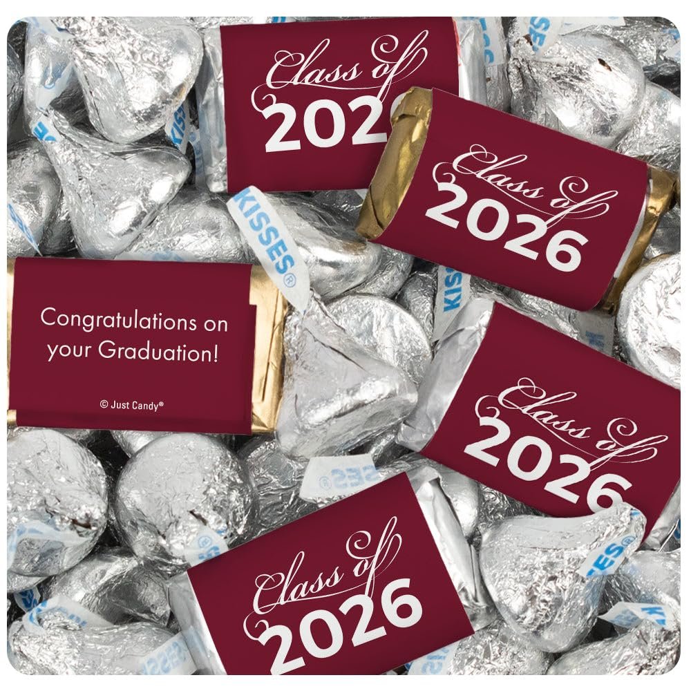 124 Pcs Maroon Graduation Class of 2026 Candy - Maroon Wrapped Miniatures and Silver Kisses For Party Favors, Goodie Bags, Dessert Tables And More (1.52 lbs)