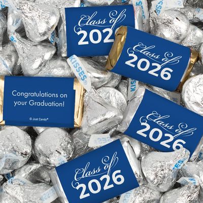 124 Pcs Blue Graduation Class of 2026 Candy - Blue Wrapped Miniatures and Silver Kisses For Party Favors, Goodie Bags, Dessert Tables And More (1.52 lbs)