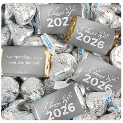 124 Pcs Silver Graduation Class of 2026 Candy - Wrapped Miniatures and Silver Kisses For Party Favors, Goodie Bags, Dessert Tables And More (1.52 lbs)