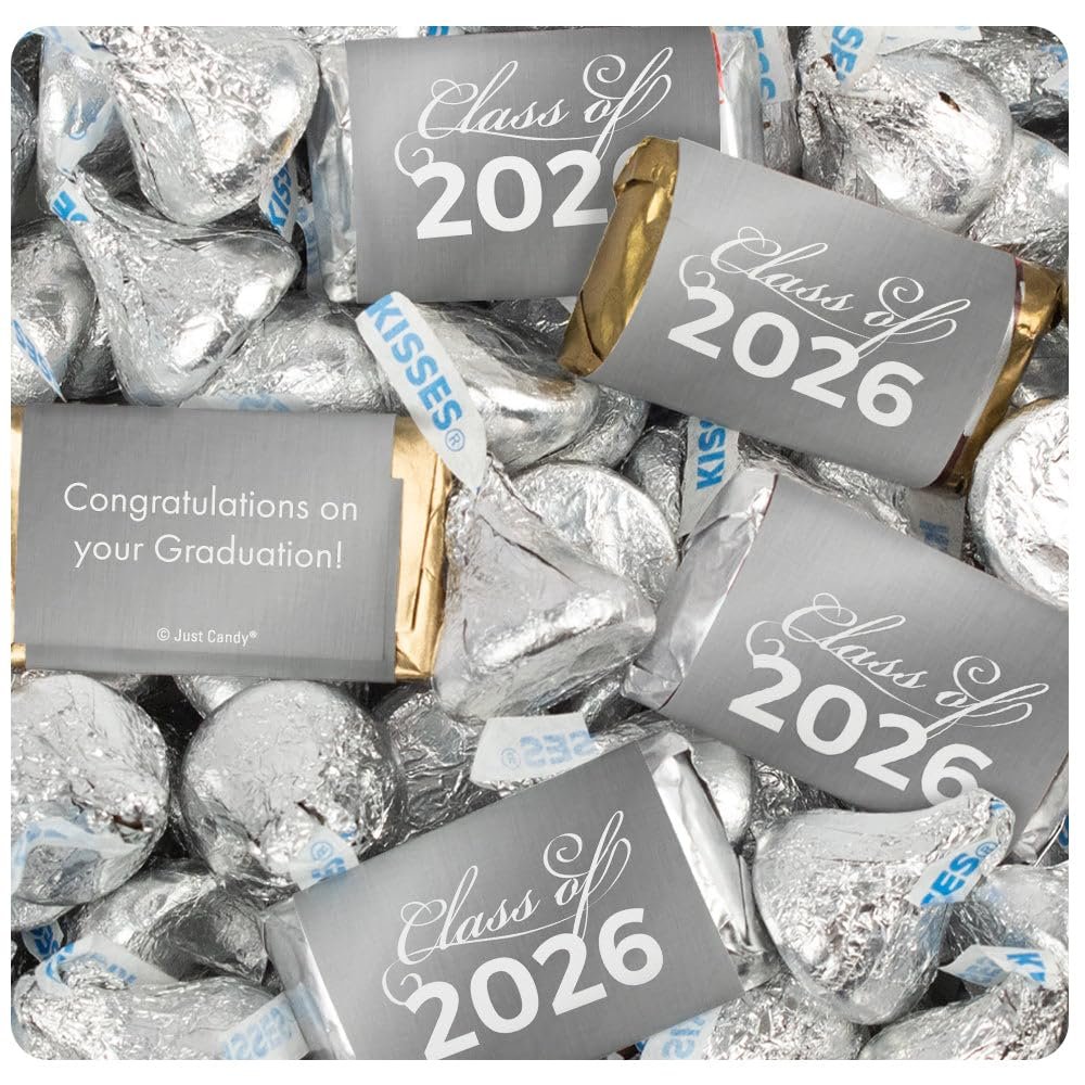 124 Pcs Silver Graduation Class of 2026 Candy - Wrapped Miniatures and Silver Kisses For Party Favors, Goodie Bags, Dessert Tables And More (1.52 lbs)