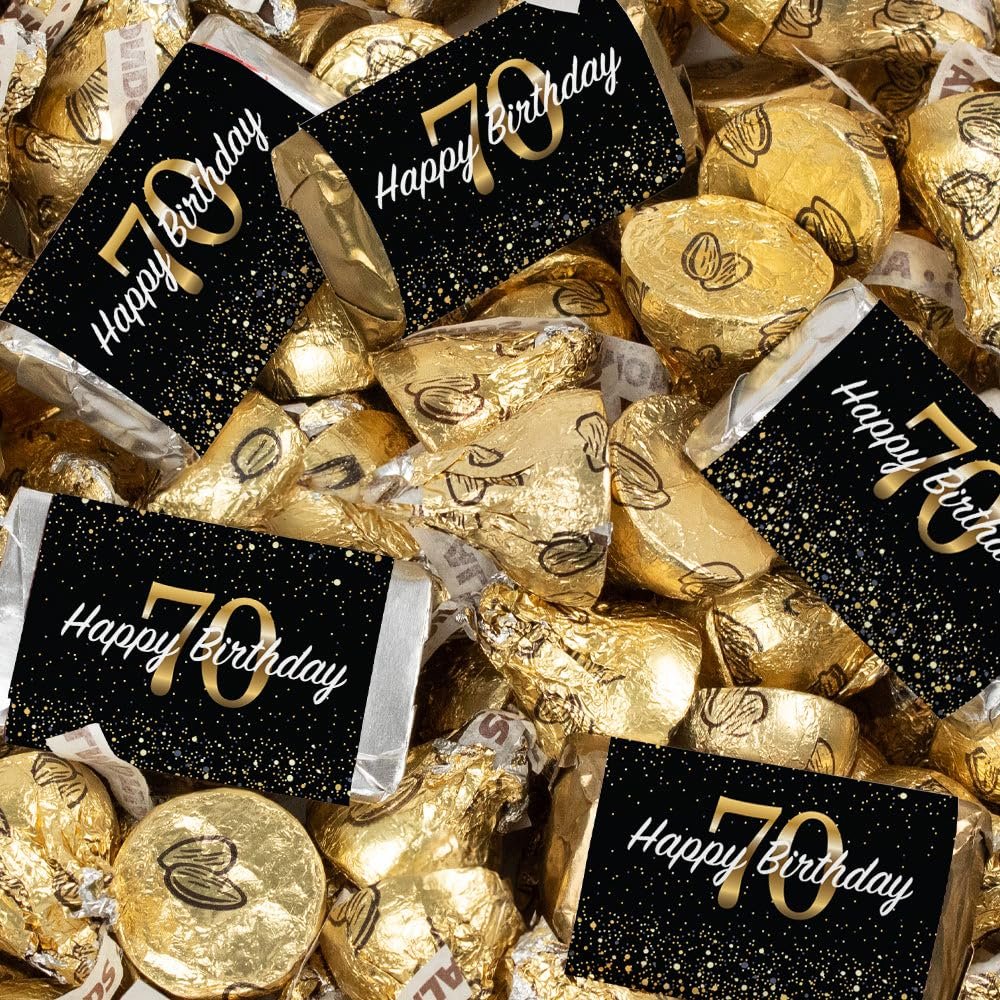 124 Pcs 70th Birthday Candy Party Favors Miniatures Chocolate & Gold Almond Kisses (1.58 lbs, Approx. 124 Pcs)