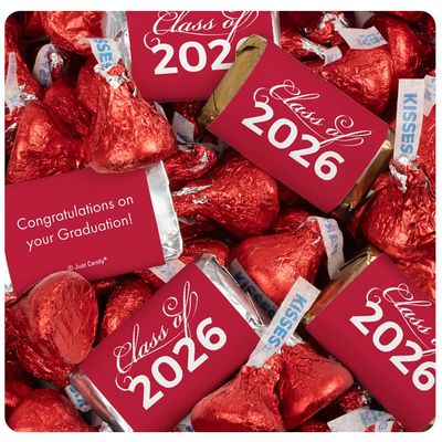 124 Pcs Red Graduation Candy Assortment - Class of 2026 Assorted Wrapped Miniatures & Red Foiled Bulk Kisses For Party Favors, Buffets And Gifts (1.5 lbs)