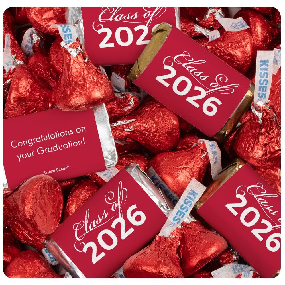 124 Pcs Red Graduation Candy Assortment - Class of 2026 Assorted Wrapped Miniatures & Red Foiled Bulk Kisses For Party Favors, Buffets And Gifts (1.5 lbs)