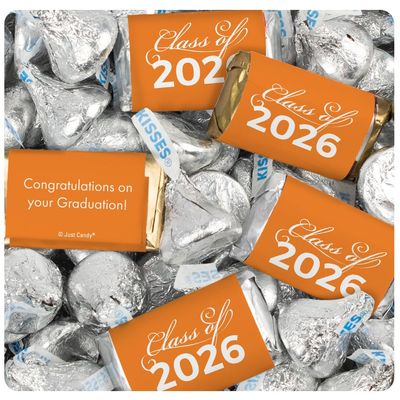124 Pcs Orange Graduation Class of 2026 Candy - Orange Wrapped Miniatures and Silver Kisses For Party Favors, Goodie Bags, Dessert Tables And More (1.52 lbs)