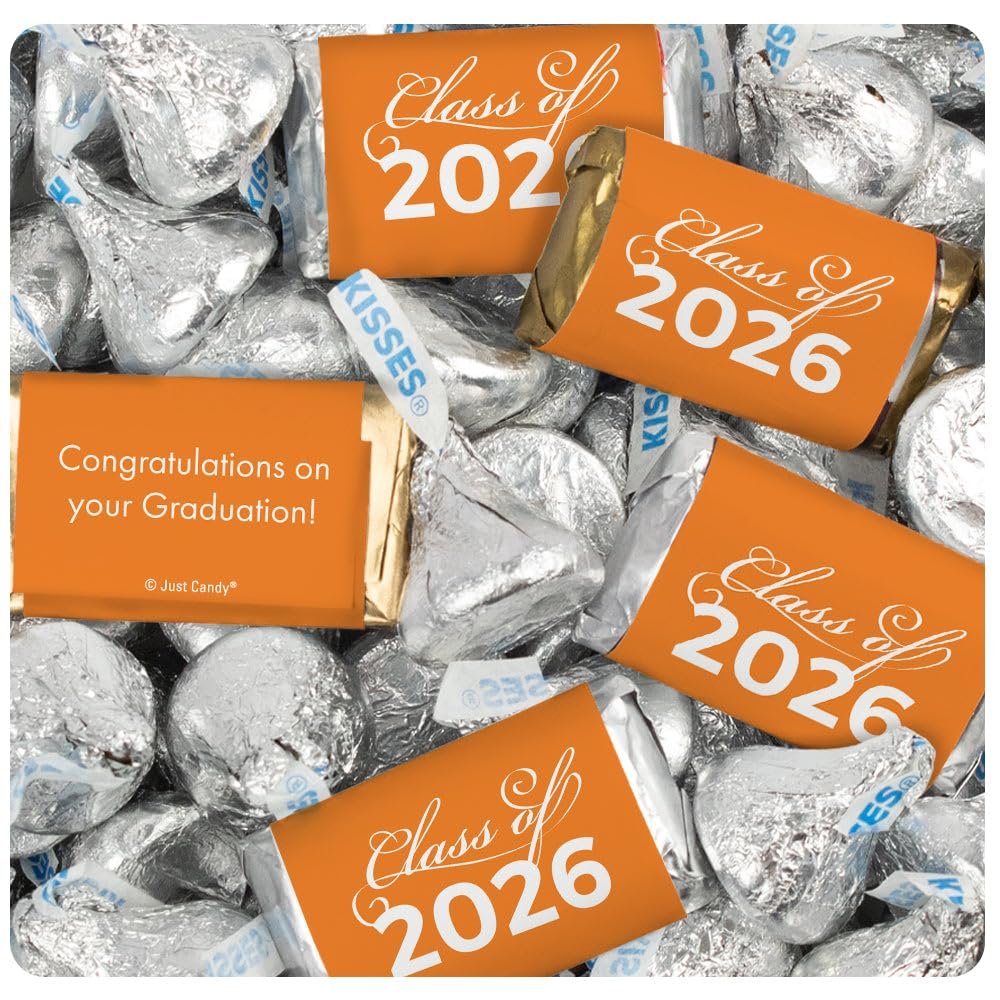 124 Pcs Orange Graduation Class of 2026 Candy - Orange Wrapped Miniatures and Silver Kisses For Party Favors, Goodie Bags, Dessert Tables And More (1.52 lbs)