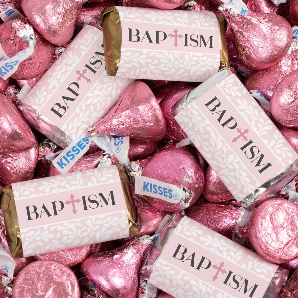 124 Pcs Girl Baptism Candy Party Favors Miniatures Chocolate & Kisses (1.58 lbs, Approx. 124 Pcs) - Pink