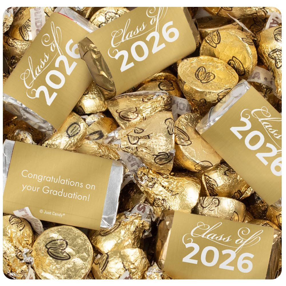 248 Pcs Gold Graduation Candy Assortment - Class of 2026 Assorted Wrapped Miniatures & Gold Foiled Almond Kisses For Party Favors, Buffets And Gifts (3 lbs)