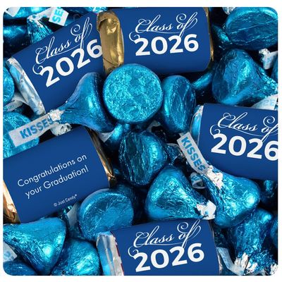 372 Pcs Blue Graduation Candy Assortment - Class of 2026 Assorted Wrapped Miniatures & Foiled Bulk Kisses For Party Favors, Buffets And Gifts (4.5 lbs)