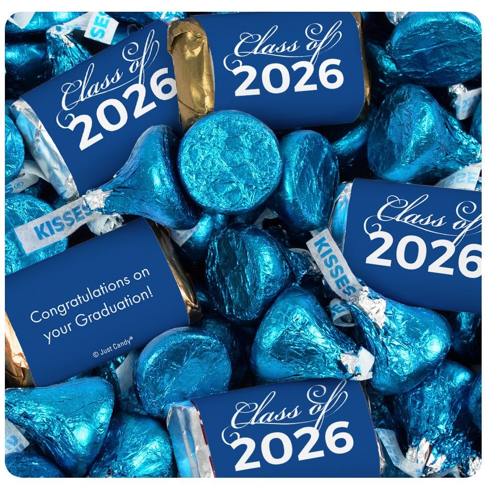 372 Pcs Blue Graduation Candy Assortment - Class of 2026 Assorted Wrapped Miniatures & Foiled Bulk Kisses For Party Favors, Buffets And Gifts (4.5 lbs)