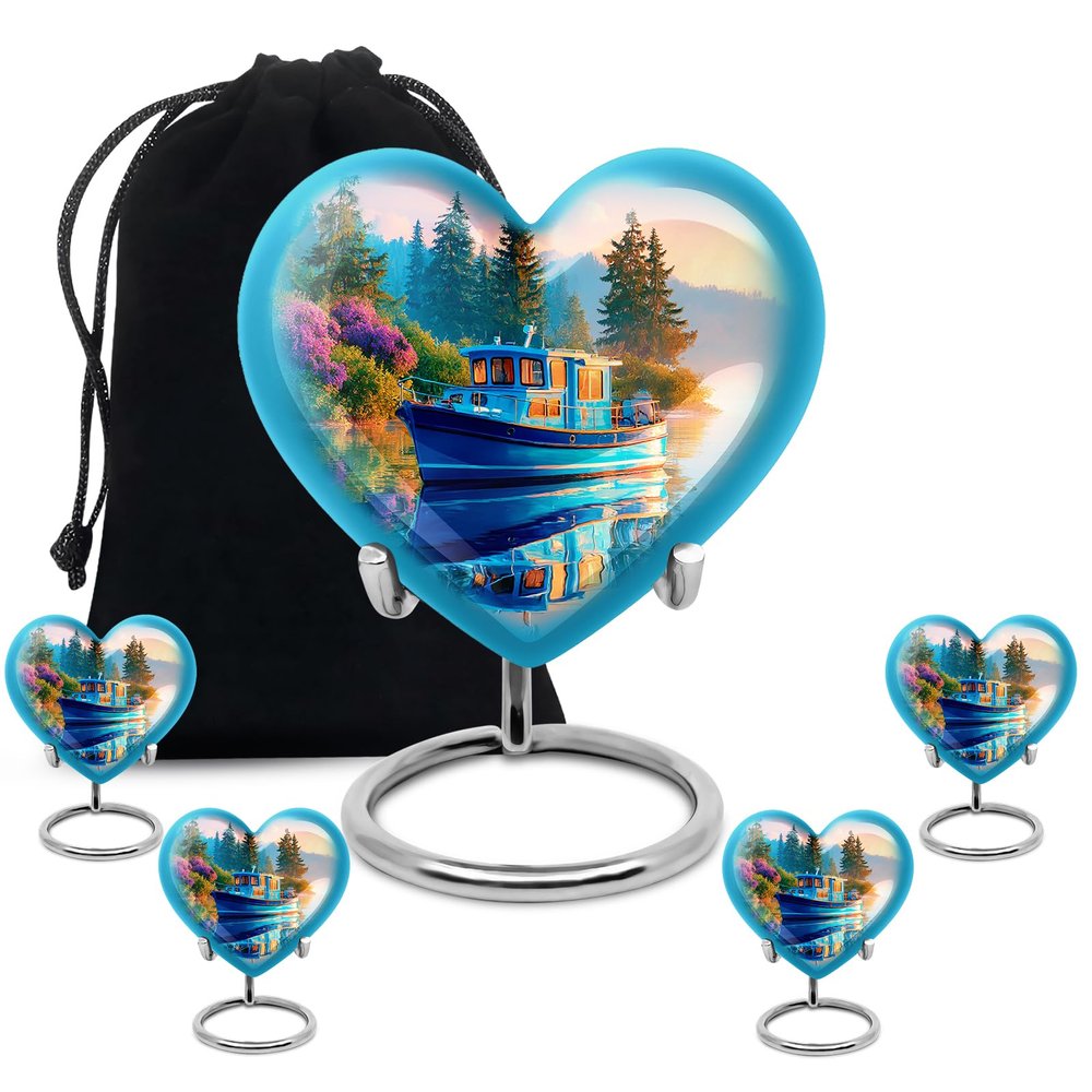 KARYLIZ Boat Urns for Human Ashes Adult Man - Heart Shaped Memorial Urn for Ashes for Women - Blue Urn for Female Mom & Dad - Large Cremation Urns for Human Adult Male - Combo 8 Inch & 3 Inch, Set 5