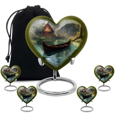 KARYLIZ Boat Heart Shaped Urns for Human Ashes Adult Man - Green Urn for Human Ashes Adult Male - Large Capacity Urn for Cremation Mother - Memorial for Female - Combo 8 Inch & 3 Inch, Set of 5