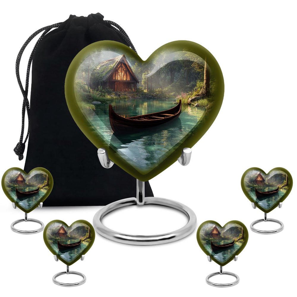 KARYLIZ Boat Heart Shaped Urns for Human Ashes Adult Man - Green Urn for Human Ashes Adult Male - Large Capacity Urn for Cremation Mother - Memorial for Female - Combo 8 Inch & 3 Inch, Set of 5