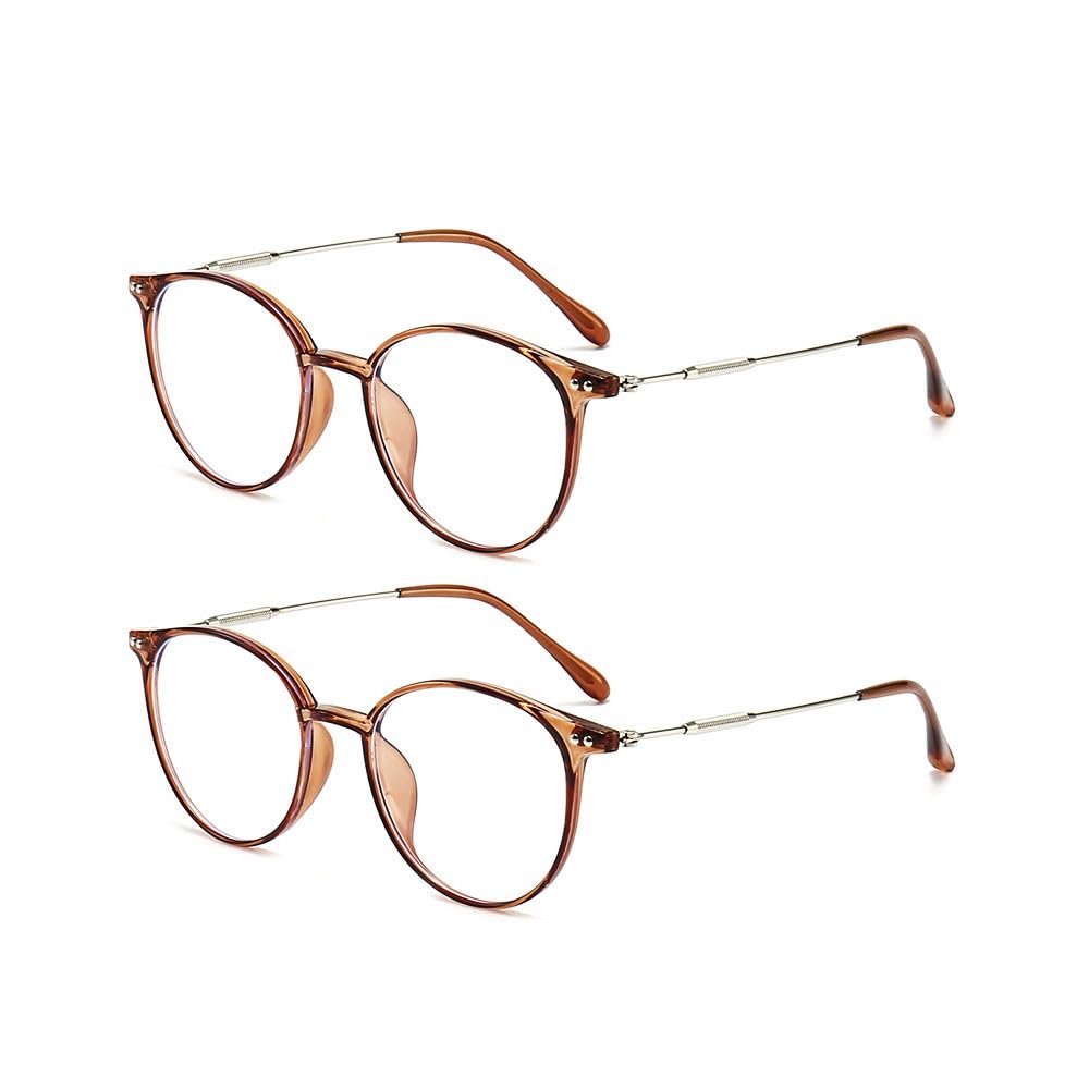 Jingyuton 2 Pack Fashion Myopia Distance Glasses For Men Women Blue Light Blocking Computer Nearsighted Glasses Oval Frame (Brown, 0.75, Diopters)
