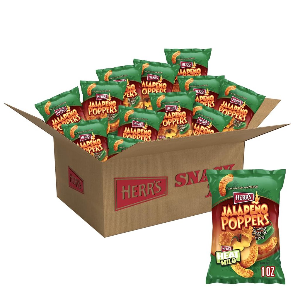 Herr's Jalapeo Poppers Flavored Cheese Curls - Made with Cheddar Cheese - 1 Ounce (Pack of 36) Great for Bold Flavor Fans