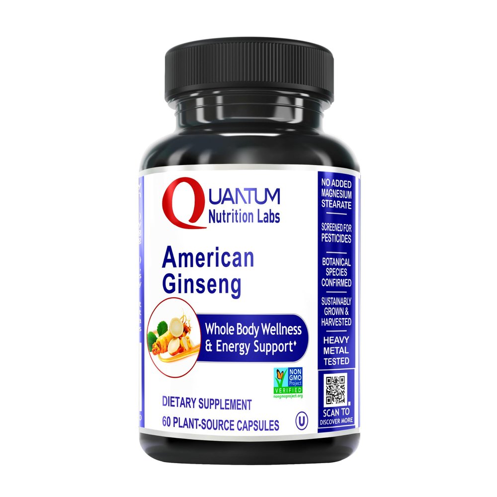 Quantum Nutrition Labs American Ginseng Supplement - North American Herbal Ginseng Root Pills, Calming Energy Herb Extract Supplement - 60 Plant-Based Capsules