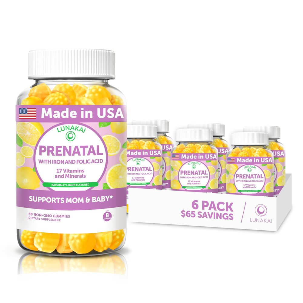 Lunakai USA Made 17-in-1 Prenatal Vitamins for Women with Iron & Folic Acid Delicious Daily Prenatal Gummies for Maternal Wellness Support - 6 Pack