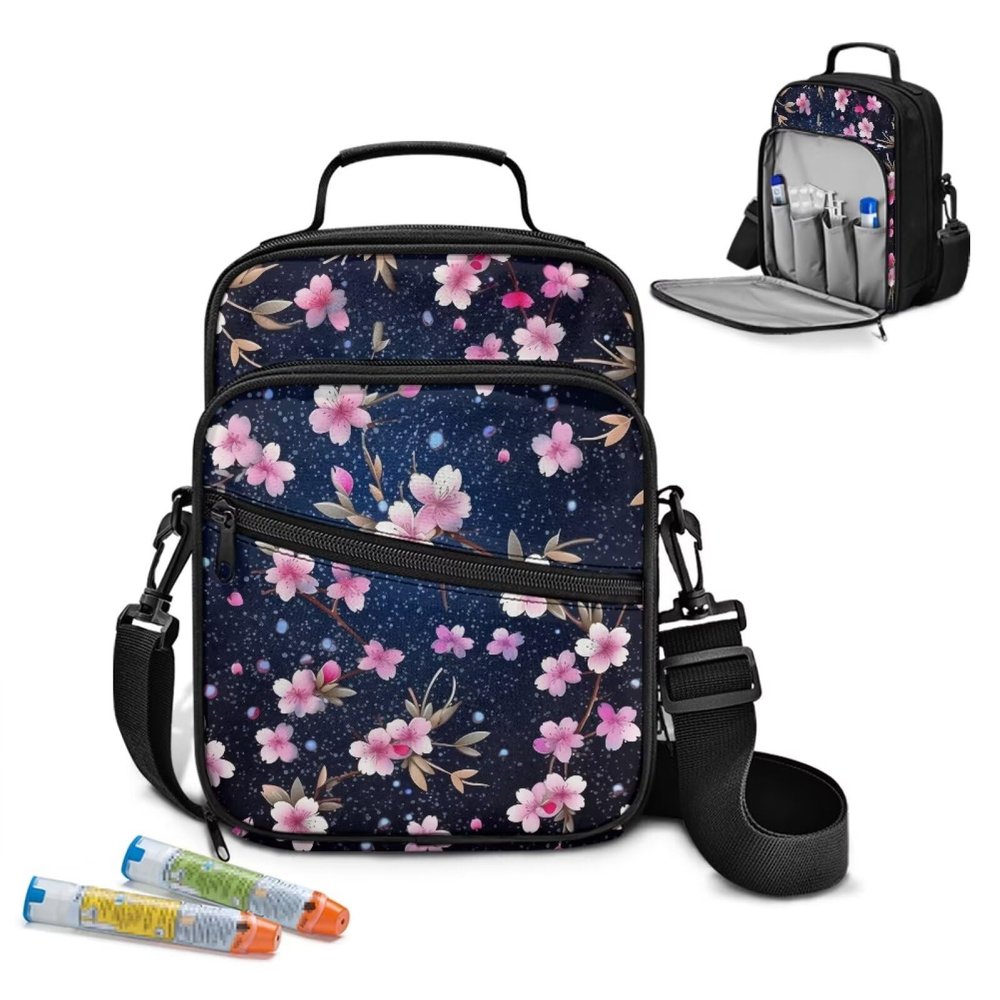 AZULCUSTO Stylish Diabetes Organizer with Insulin Pen Holder Compact Travel Case for Supplies Hidden Pockets Fashion Prints Medical Carring Case for Outdoors Floral Print