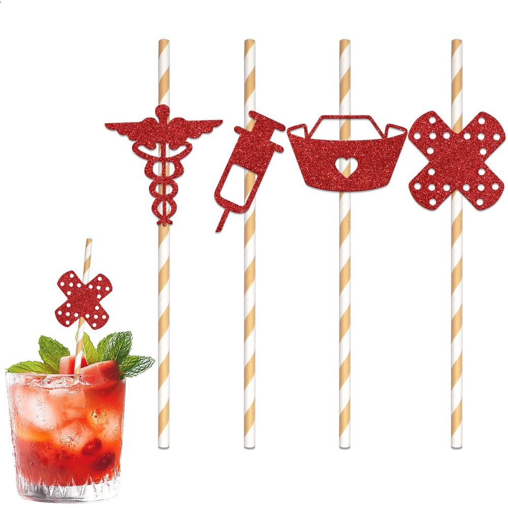 24 Pcs Nurse Themed Party Paper Straw,Nurse Graduation Party Decor,Nurse Appreciation Week & Retirement Party Decor Supplies Gold Red