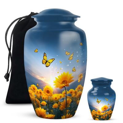 Yatskia Sunflower with Butterflies Large Funeral Urns for Human Ashes Adult Male and Female, Small Cremation Urn for Ashes Adult, (Classic 10 Inch and 3 Inch)