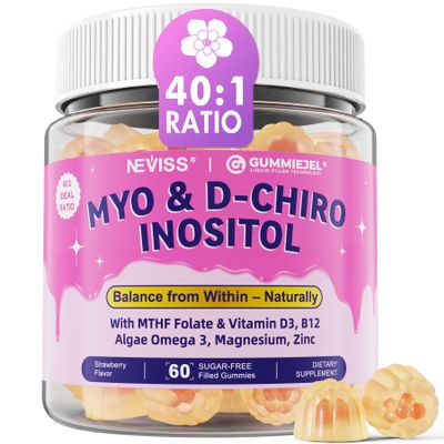 2 Pack Myo-Inositol & D-Chiro Inositol, Sugar Free Inositol Gummies w/ Omega 3, MTHF Folate, Vitamin D3, B12, Magnesium & Zinc for Metabolism, Skin & Hair Health, Ideal 40:1 Ratio, Vegan, 120 Cts