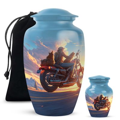 Yatskia Classic Bike with Pets Small Funeral Urns for Human Ashes Adult Brother and Sister, Large Memorial Burial Urn for Ashes Adult, (Classic 10 Inch and 3 Inch)