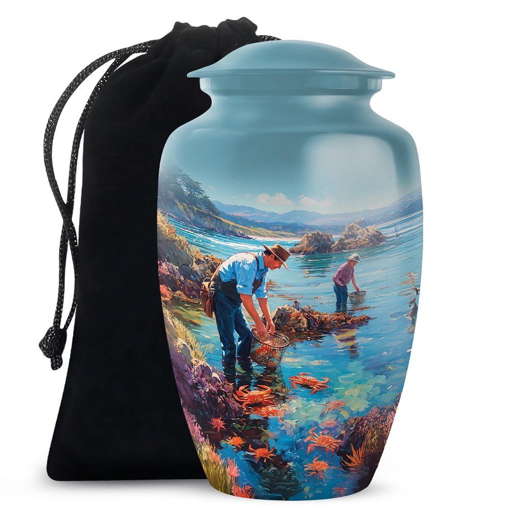 Casketique Fishing Urns for Human Ashes Adult Man - Large Blue Urn for Ashes for Women - Crab Burial Urn for Adult Male - Memorial Ash Container for Human - 10 Inch