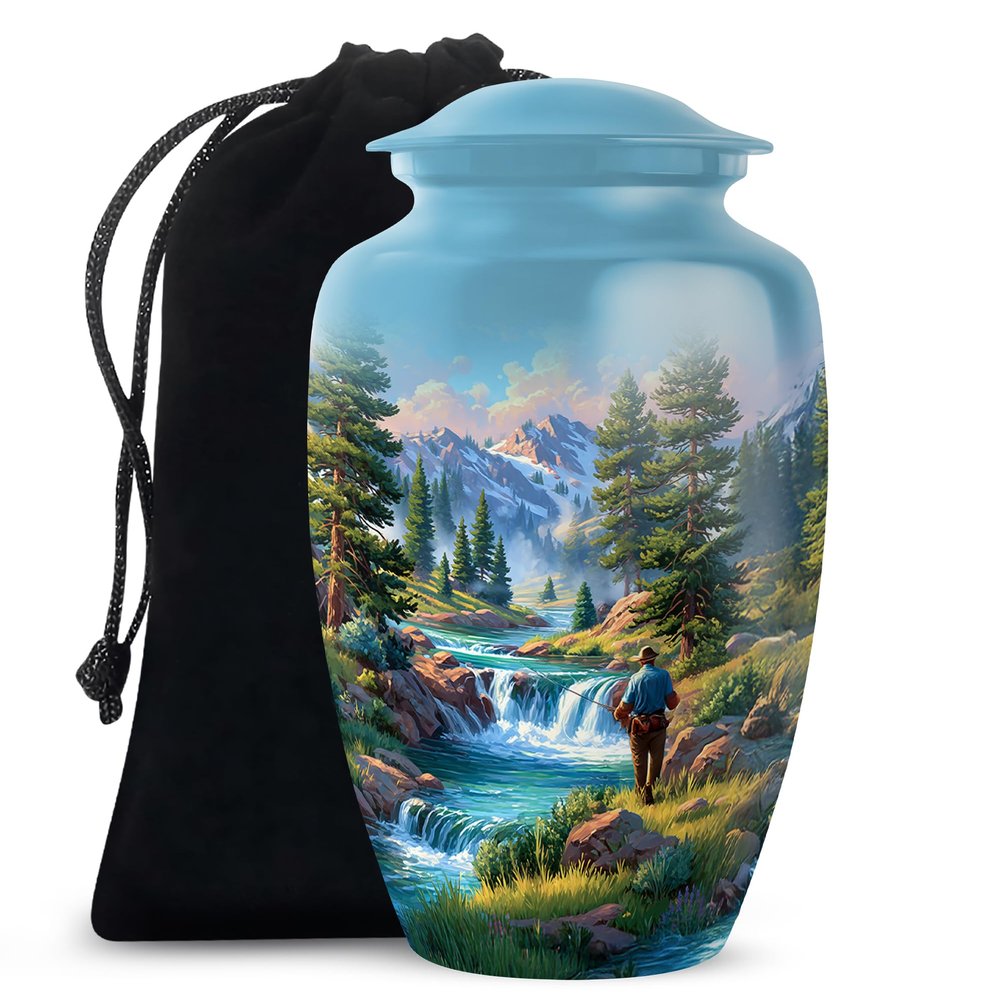 Casketique Fishing Funeral Urns for Adult Male - Large Blue Cremation Urn for Ashes for Women - Landscape Burial Urns for Adult Male Ashes - Memorial Urn for Mom - 10 Inch