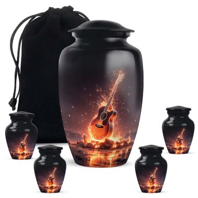 Casketique Guitar Cremation Urns for Human Ashes Adult Female - 1 Large & 4 Small Combo of Purple Funeral Urns for Adult Male - Blue Burial Urn - Memorial Urn for Ashes for Women - 10 & 3 Inch
