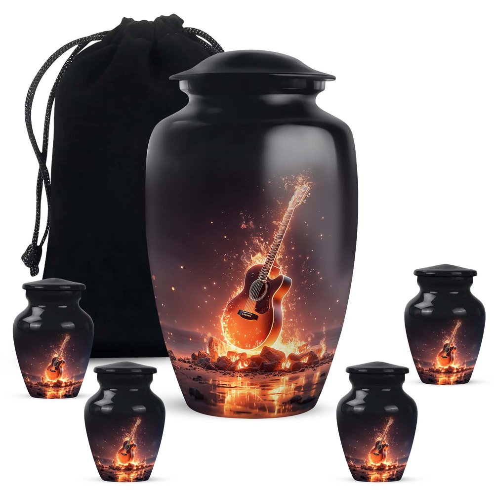 Casketique Guitar Cremation Urns for Human Ashes Adult Female - 1 Large & 4 Small Combo of Purple Funeral Urns for Adult Male - Blue Burial Urn - Memorial Urn for Ashes for Women - 10 & 3 Inch