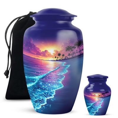 Yatskia Sparkling Beach Purple Large Cremation Urns for Human Ashes Adult Mother and Father, Small Funeral Keepsake Urn for Human Ashes Adult, (Classic 10 Inch and 3 Inch)